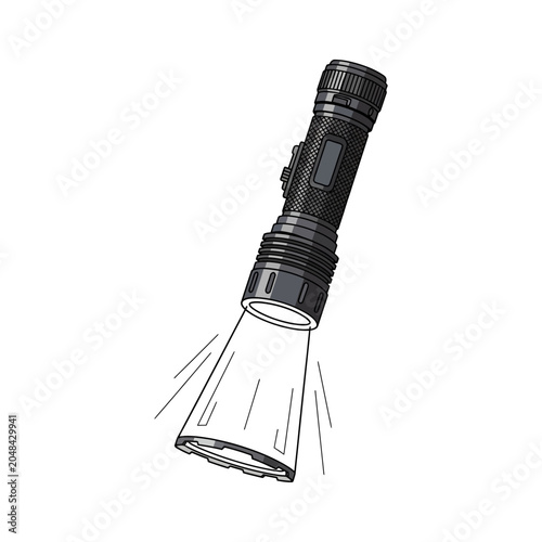 Schilderij op canvas Detailed vector illustration of a powerful handheld black flashlight casting a b