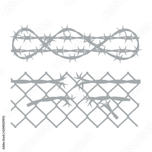 Foto Illustrative graphic of sharp barbed wire and a broken chain link fence, symboli