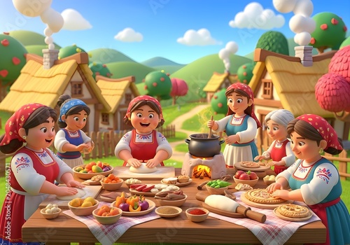 Animation of cheerful women in traditional clothing cooking and processing food dough together outside in the village.
