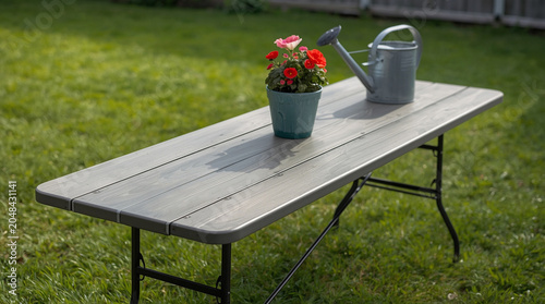 A wooden table in a garden setting. A potted red flower stand on table next to a watering can