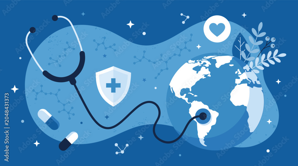 Naklejka premium Global healthcare concept illustration with a stethoscope connected to a world globe alongside a medical shield, capsule pills, heart, and molecules.