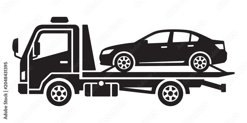Naklejka premium Black silhouette of a car being towed on a flatbed truck vehicle
