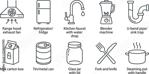 Schilderij op canvas Kitchen appliances and storage icons collection with text labels range hood fridge faucet blender and cans