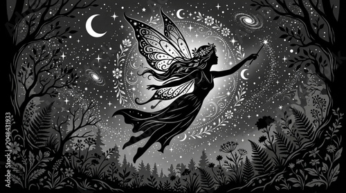 Vintage vector art illustration of a fantasy monster dragon with wings on the moon, in the water, and as a black silhouette design drawing