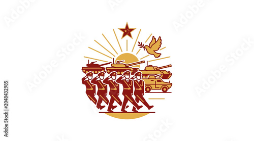 Quadro em tela Soldiers marching past tanks under a rising sun