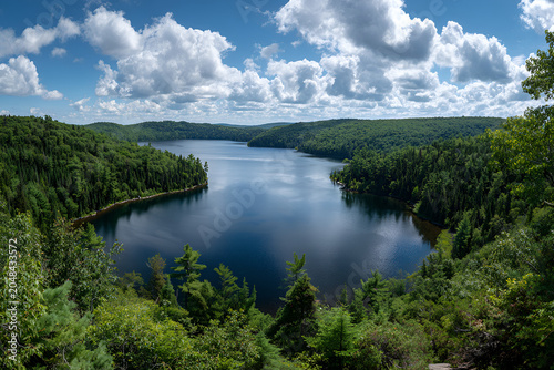 A scenic vista reveals a calm lake embraced by lush, verdant forests under a vast, cloud-strewn azure sky. A moment of tranquility