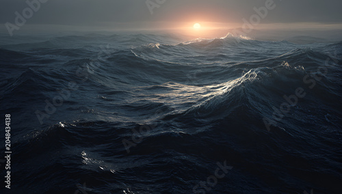 A moody seascape showing a sun setting behind waves on a turbulent ocean. The light reflects on the water creating highlights