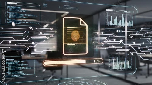 Futuristic digital fingerprint authentication and data validation technology in modern office setting
