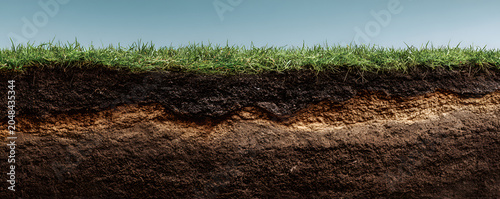 A cross-section revealing layers of earth grassy surface, dark soil, lighter soil, and deeper earth, showcasing stratification with blue sky