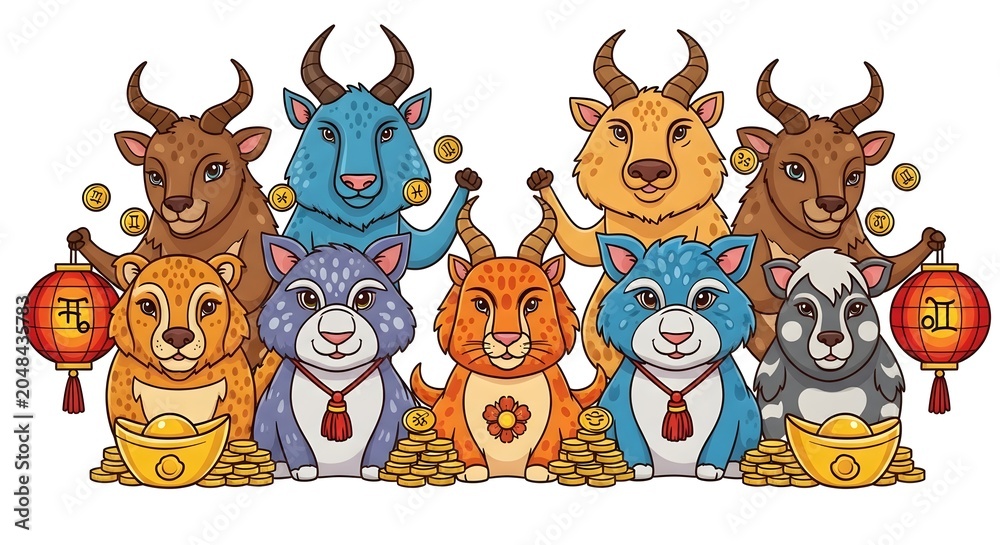 Fototapeta premium Colorful Cartoon Zodiac Animals Celebrating Lunar New Year with Gold Ingots and Festive Decorative Lanterns