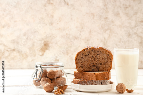 Plate with walnut loaf cake...