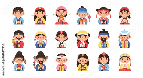 Cute Flat Cartoon Vector Illustration: Traditional Korean Characters in Hanbok with Gifts, Culture  Holidays