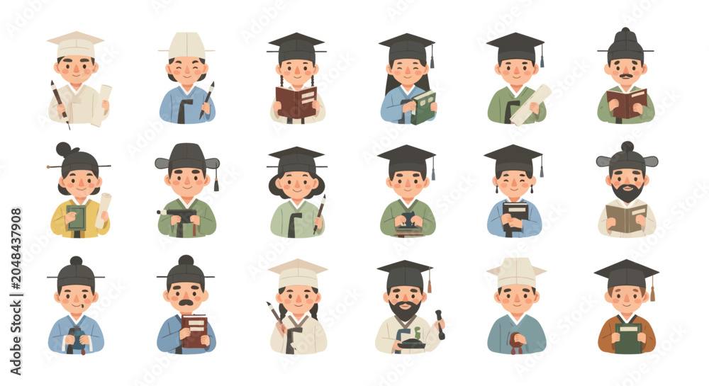 Fototapeta premium Flat Design Korean Scholars Students Avatar Set. Education, History Culture Characters in Traditional Graduation Attire