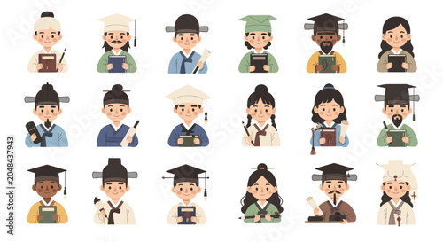 Korean Education  Culture: Diverse Scholars  Students in Traditional Attire  Graduation Caps Flat Set