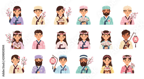 Flat Illustration: Diverse Korean Characters in Traditional Hanbok, Celebrating Culture and Festivals