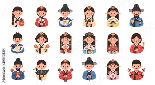 Cute Flat Design Illustrations of Korean Traditional People in Hanbok with Cultural Objects for Asia Heritage