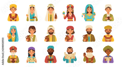 Ancient Biblical Characters Flat Cartoon Vector Icons. Diverse Men  Women for Religion  History.