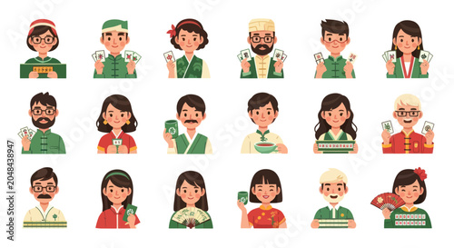 Asian Culture Gaming Characters Avatars Collection - Flat Vector Illustration of Diverse People Playing Cards  Mahjong