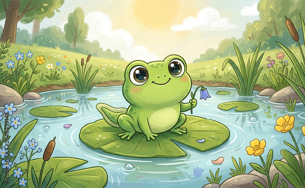Fototapeta premium Cute baby frog holding a flower on a lily pad