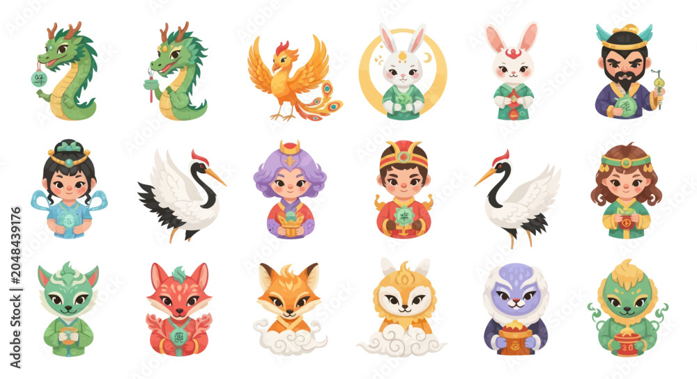 Obraz premium Cute Chinese Zodiac Animals, Gods, and Mythical Creatures Vector Illustration