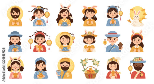 Flat design cartoon characters for Moon Festival, Mid-Autumn Festival, rabbit