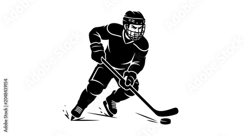 Photography A dynamic black and white illustration of a professional ice hockey player skating with a puck