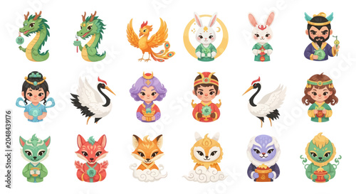 Cute Chinese Zodiac Animals, Gods, and Mythical Creatures Vector Illustration