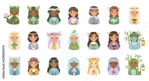 Adorable Cartoon Fairies with Flowers and Lanterns, Flat Vector Art