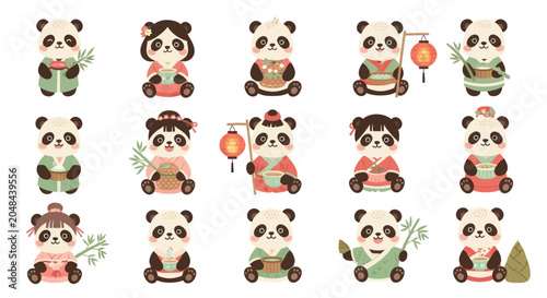Set of Adorable Flat Cartoon Pandas in Traditional Asian Attire with Cultural Elements Vector Illustration