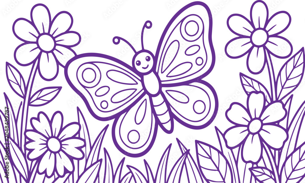 Fototapeta premium Cute butterfly with flowers coloring page Vector, illustration
