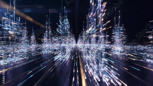 Abstract digital data flow with glowing blue light trails and cityscape silhouette