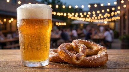 Cold tall glass of beer and fresh pretzel on wooden table at outdoor festival