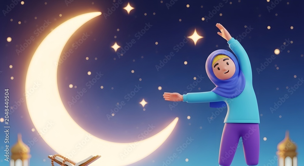 Fototapeta premium 3D illustration of a young Muslim woman in a blue hijab practicing yoga and meditation under a bright crescent moon and starry night sky during Ramadan
