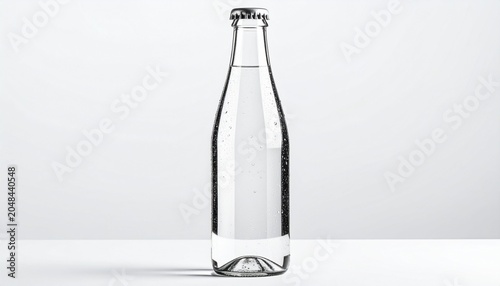 Crystal clear pure refreshing water in a sleek transparent glass bottle with a silver cap, isolated on a bright white background, showcasing healthy hydration and purity