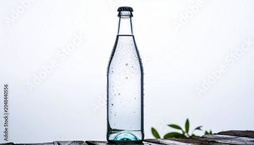 A clear glass bottle filled with water sits on a weathered wooden surface with a blurred green plant in the background and tiny droplets on the glass