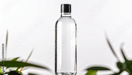 A sleek, modern glass bottle filled with clear liquid, featuring tiny bubbles, surrounded by blurred green leaves, suggesting purity and refreshment