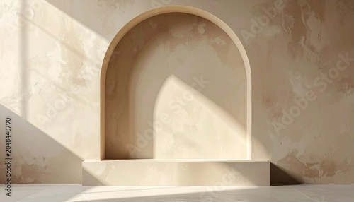 Minimalist arched niche with textured wall and natural light casting shadows, creating a serene and elegant backdrop for display