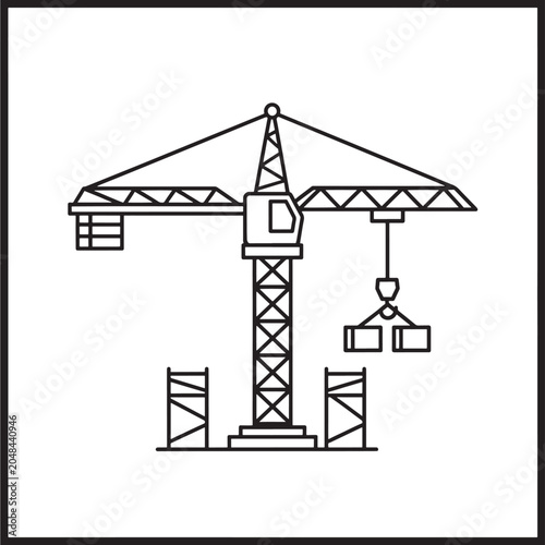Fotografie Crane on Construction Site Outline Vector Icon with Scaffold Frame and Hook for