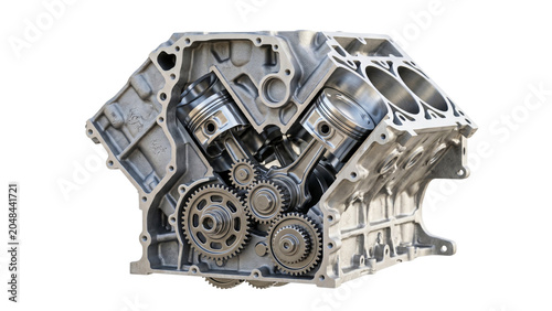 Fotografie Internal Combustion Engine Block With Gears On Transparent Background