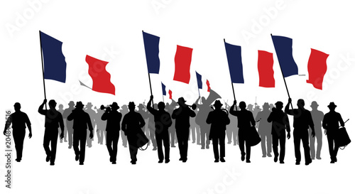 Bild auf Leinwand A silhouette illustration of a large group of people marching with flags