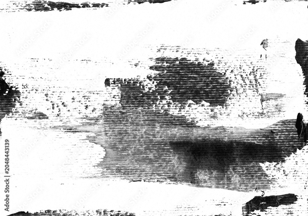 Fototapeta premium Distressed grunge texture with black ink splatters, vintage photocopy effect on white background, gritty abstract paper overlay for graphic design