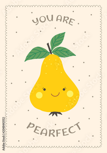 Cute pear nursery poster with funny pun quote, vector kids greeting card in boho style