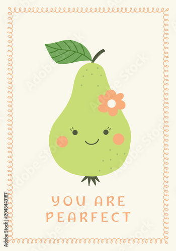 Cute green pear nursery poster with flower and funny pun quote, vector kids card