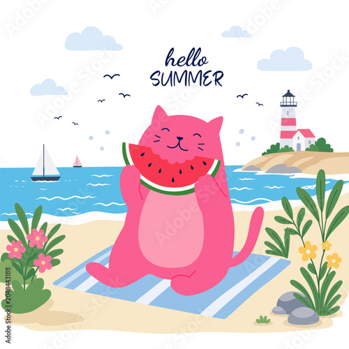 Cute cat eating watermelon on the beach, Hello Summer vector nursery poster