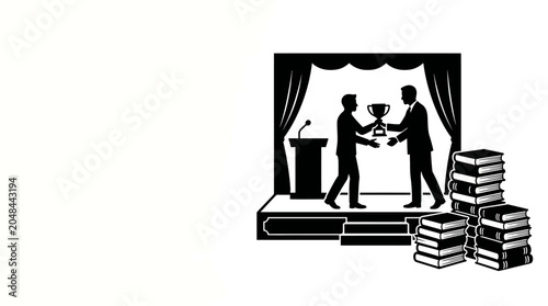 Two men exchanging a trophy on stage with books