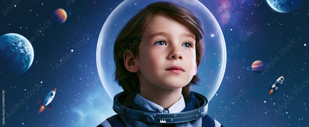 Obraz premium Child in futuristic astronaut suit exploring a vibrant galaxy with floating planets and rockets.