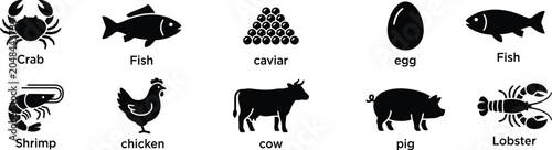 Fotografía Food source animal products black silhouettes vector icons set with meat livest