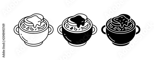 Fotografia French Onion Soup Icons, Classic Comfort Food Vector Set, Warm Savory Dish Graph