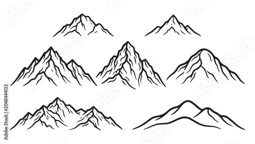 Minimalist hand-drawn mountain range icon set for outdoor, hiking, and camping design projects