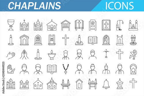 Foto Collection of chaplain and religious line icons featuring churches, crosses, cle